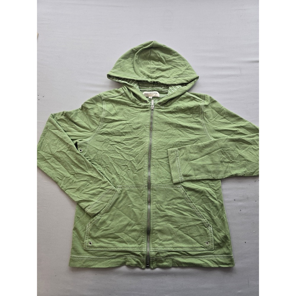 Jones New York Sport Green Full Zip Hoodie Striped Hood Lining Sweatshirt Small